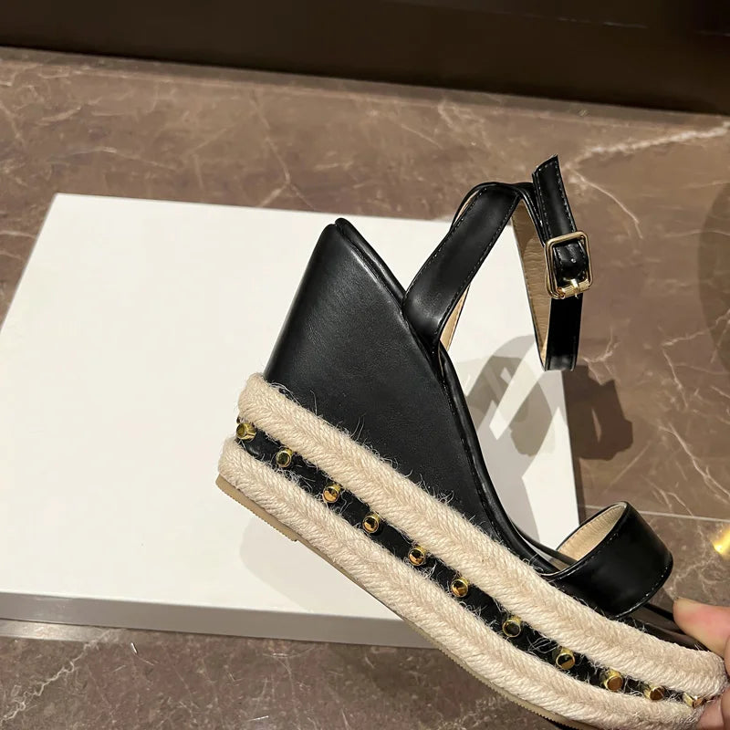 11cm Women Sandals High Heels Platform Shoes Rivet Hemp Straw Beach Shoes Black Ladies Summer Sandals Femme