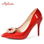 Aphixta Hot 10cm Stiletto Heels Pearl Buckle Gradient Pumps Women Shoes Patent Leather Super High Pointed Toe Super Big 48 49 50
