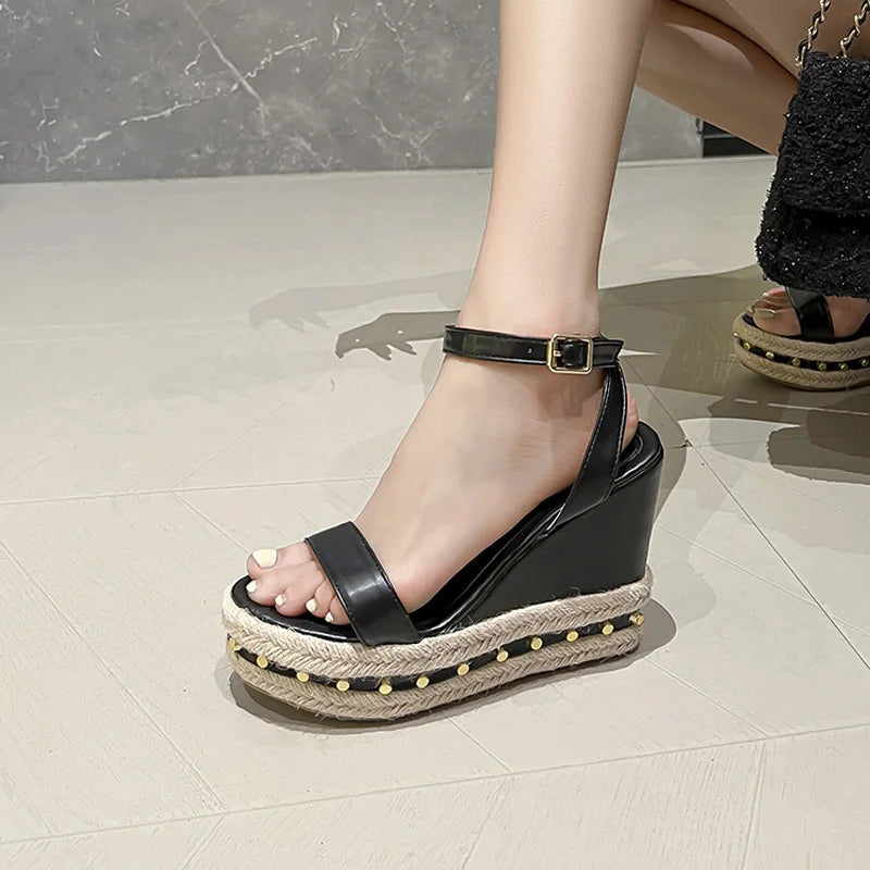 11cm Women Sandals High Heels Platform Shoes Rivet Hemp Straw Beach Shoes Black Ladies Summer Sandals Femme