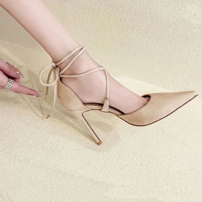 Black High Heels Shoe for Women 2026 Pointed Toe Stilettos Pumps Escarpins Femme Ankle Strap Ladies Black Apricot Footwears