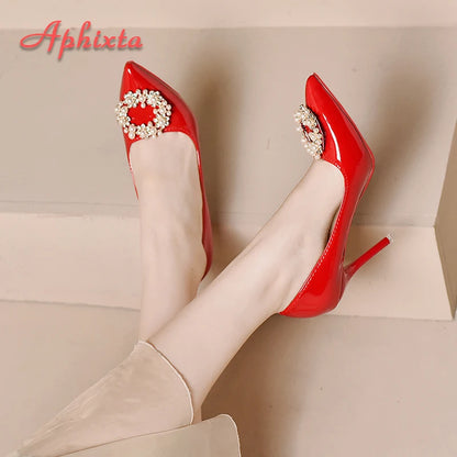 Aphixta Hot 10cm Stiletto Heels Pearl Buckle Gradient Pumps Women Shoes Patent Leather Super High Pointed Toe Super Big 48 49 50