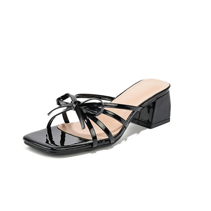 Summer Women's Slippers Fashion Patent Leather Thick Heel Sandals Temperament Square Head Open-toe Cool Slippers Chaussons Femme