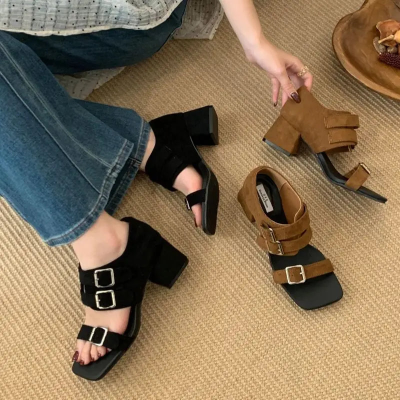 Black Chunky Heels Sandals Woman Belt Buckle Summer Shoes Brown Square Heels Ladies Shoes Punk Sandales Femme
