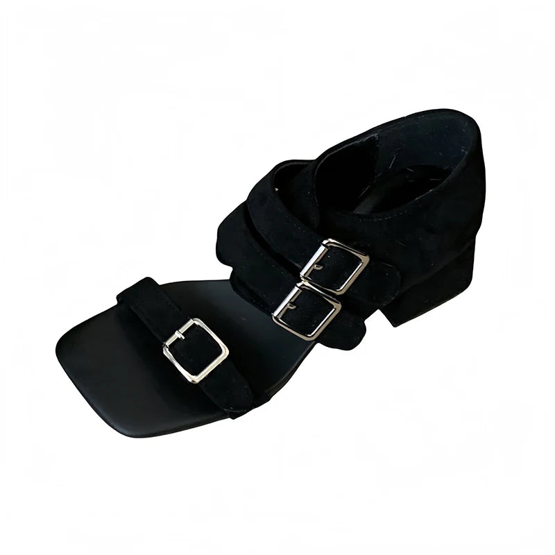 Black Chunky Heels Sandals Woman Belt Buckle Summer Shoes Brown Square Heels Ladies Shoes Punk Sandales Femme