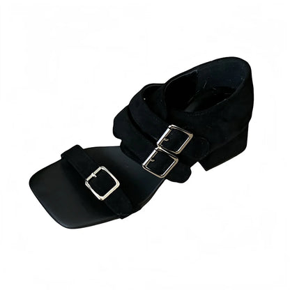 Black Chunky Heels Sandals Woman Belt Buckle Summer Shoes Brown Square Heels Ladies Shoes Punk Sandales Femme