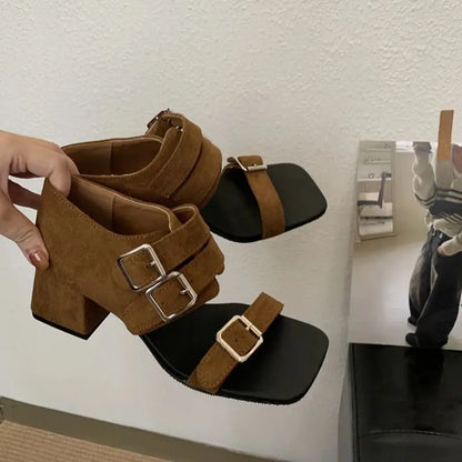 Black Chunky Heels Sandals Woman Belt Buckle Summer Shoes Brown Square Heels Ladies Shoes Punk Sandales Femme