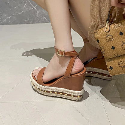 11cm Women Sandals High Heels Platform Shoes Rivet Hemp Straw Beach Shoes Black Ladies Summer Sandals Femme