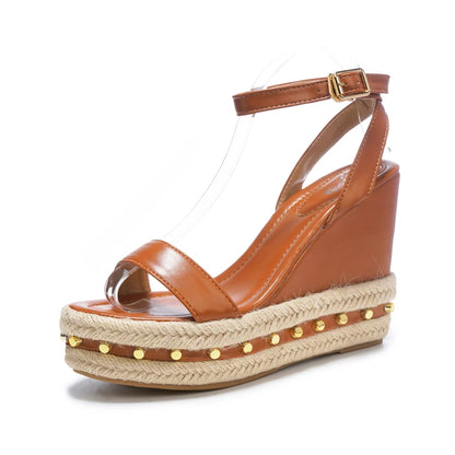 11cm Women Sandals High Heels Platform Shoes Rivet Hemp Straw Beach Shoes Black Ladies Summer Sandals Femme