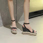 11cm Women Sandals High Heels Platform Shoes Rivet Hemp Straw Beach Shoes Black Ladies Summer Sandals Femme