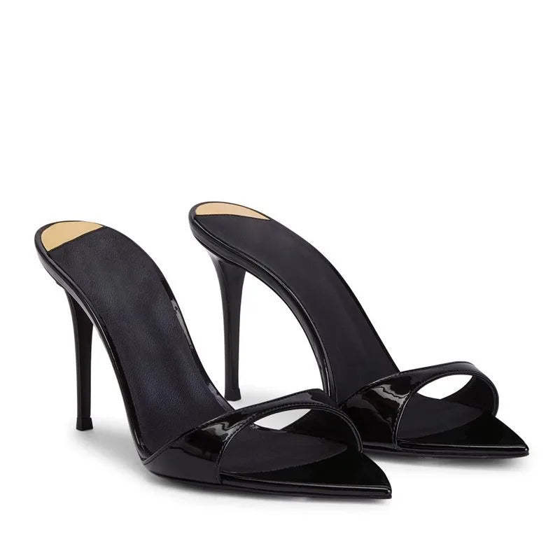 Fashion Slippers Open-toe Pointed Toe High Heels Women's Super High Heels Sandals Patent Leather Sexy Black Women's Shoes 34-40