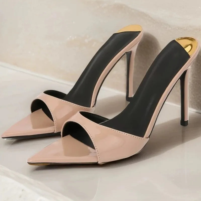 Fashion Slippers Open-toe Pointed Toe High Heels Women's Super High Heels Sandals Patent Leather Sexy Black Women's Shoes 34-40