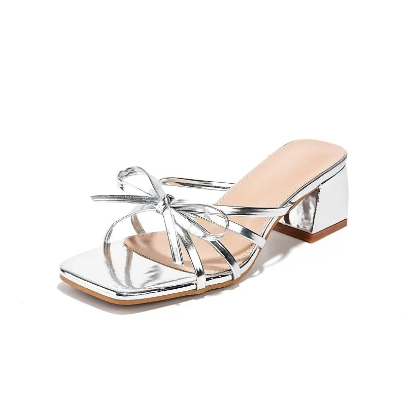 Summer Women's Slippers Fashion Patent Leather Thick Heel Sandals Temperament Square Head Open-toe Cool Slippers Chaussons Femme