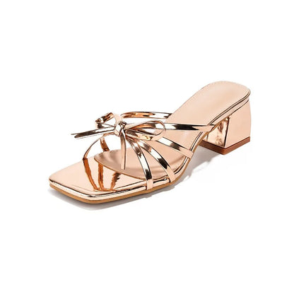 Summer Women's Slippers Fashion Patent Leather Thick Heel Sandals Temperament Square Head Open-toe Cool Slippers Chaussons Femme